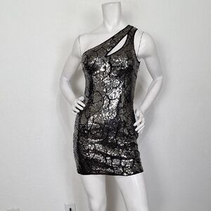 bebe Black & Silver One-Shoulder Feminine Night Out Sequin Party Mini Dress XS